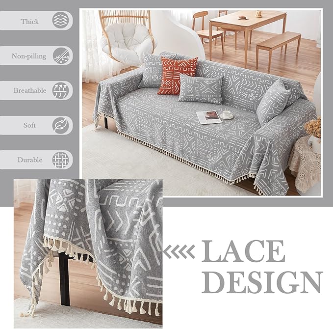 HANDONTIME Bohemian Grey and White Couch Cover - Image 4