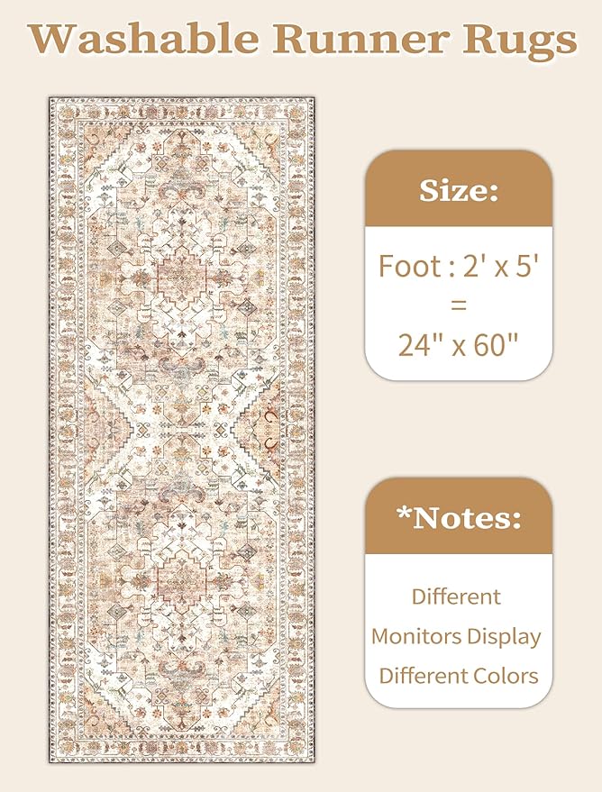 SERISSA Boho Washable Runner Rug, 2x5 Non-Slip Vintage Peach Cream Hallway - Image 6