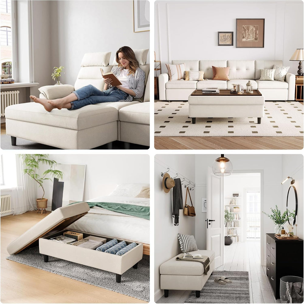 LINSY HOME 46 Inches Wide Storage Ottoman Bench, Linen Coffee Table Folding L...