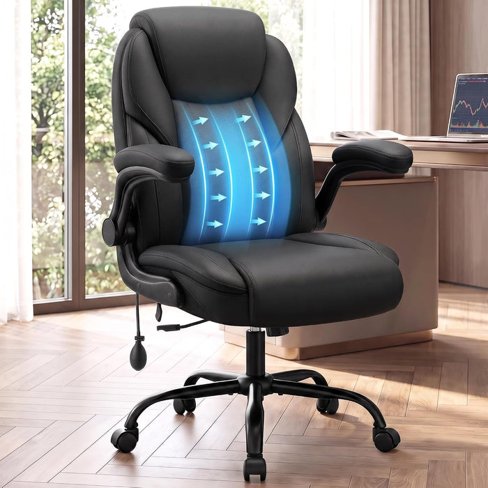 Ergonomic Leather Office Chair with Inflatable Lumbar Support, Black