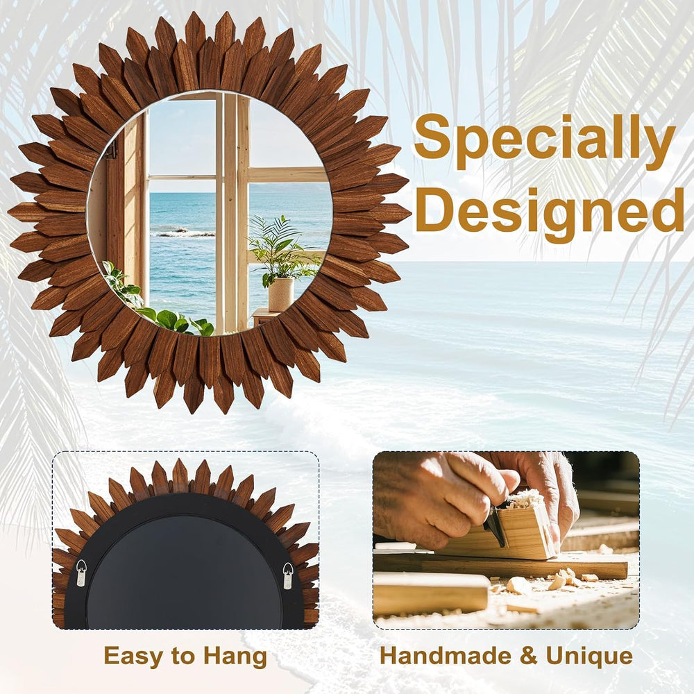 24" Walnut Round Sunburst Wooden Mirror Boho Rustic Wall Decor