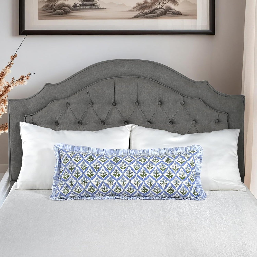 Ridhi Light Steel Blue Block Print Ruffle Pillow Sham 36x14 Inch Set of 1