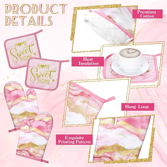 Bencailor 6 Pcs Marble Kitchen Decor Gold Pot Holders Oven Mitts 2 Dish Towels - Image 5