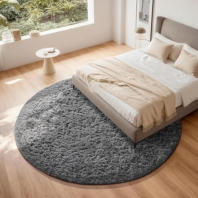 Ophanie Round Rug 8Ft Grey Circle Area Rugs, Large Fluffy Fuzzy Living Room - Image 2