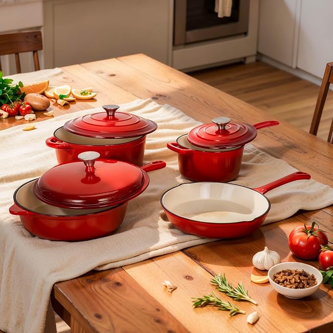 DishDelight Enameled Cast Iron Cookware Set, 7 Piece Induction Dutch Oven Set