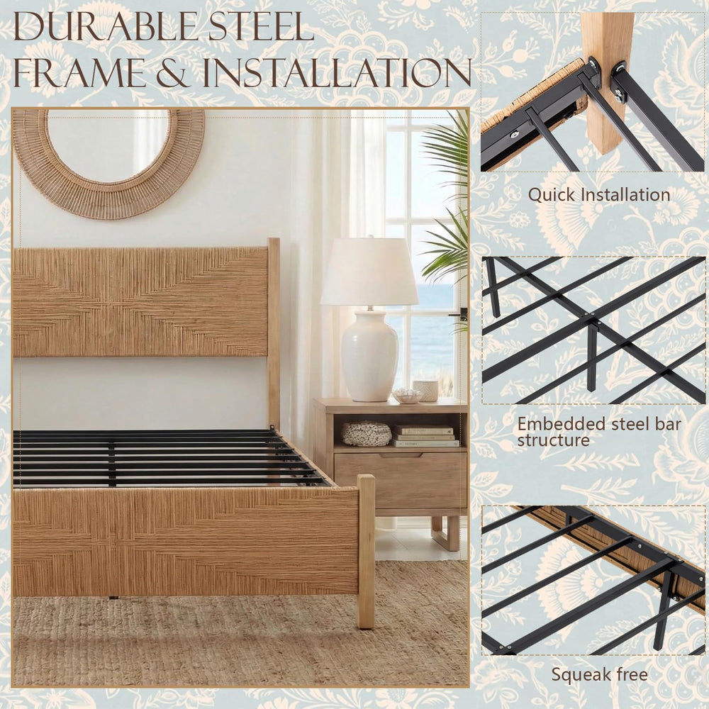Brafab Queen Size Rattan Bed Frame, Boho Bed Frame with Hand Woven Wicker Hea...