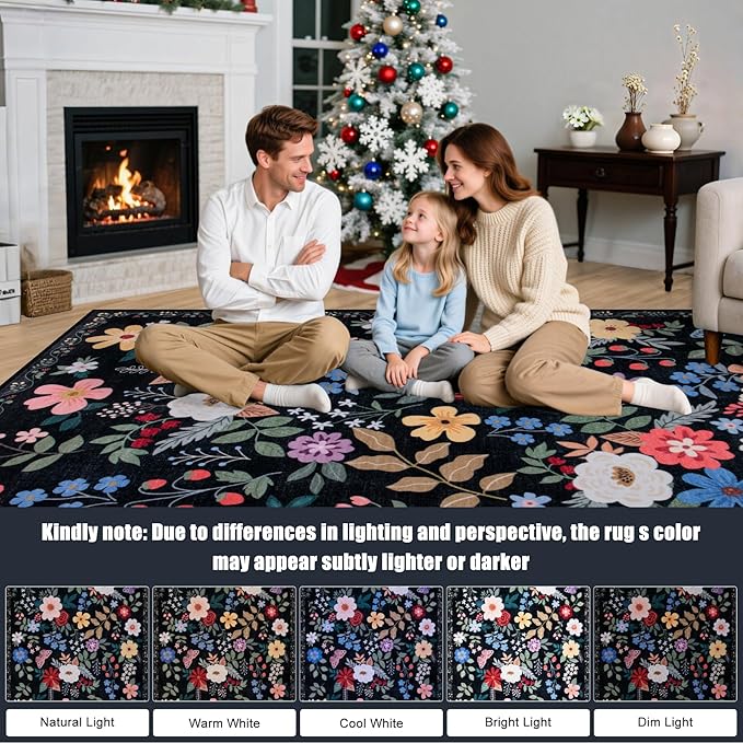 Round Area Rug for Living Room: 6 ft Floral Washable Circle Rug Soft Boho - Image 9