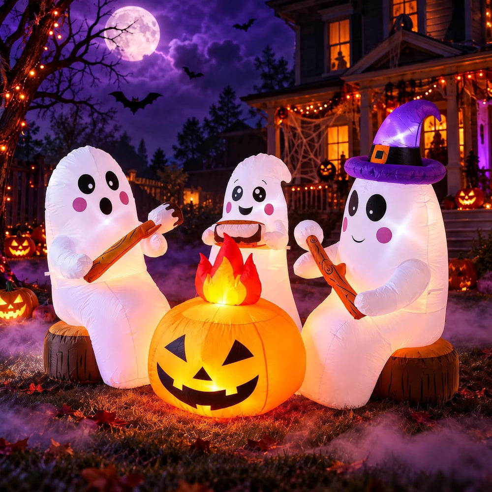 ZPISF 7.5 FT Halloween Inflatables 3 Cute Ghosts Roasting Marshmallows by Cam...
