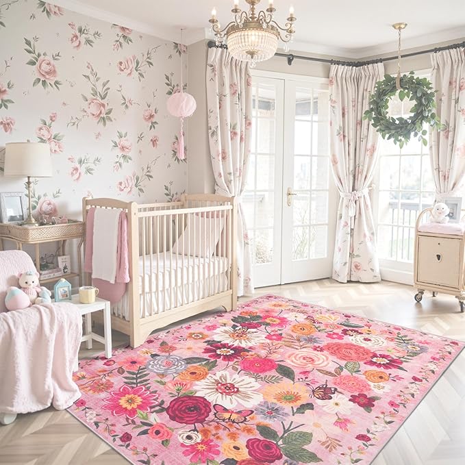 Pink Floral Girls Room Rug 4x6, Non-Slip Washable Rugs - Image 2