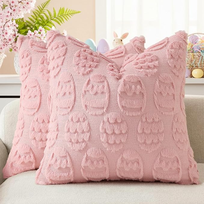 decorUhome Easter Pink Egg Pillow Covers 16x16 Inch Set of 2, Soft Plush Faux by decorUhome