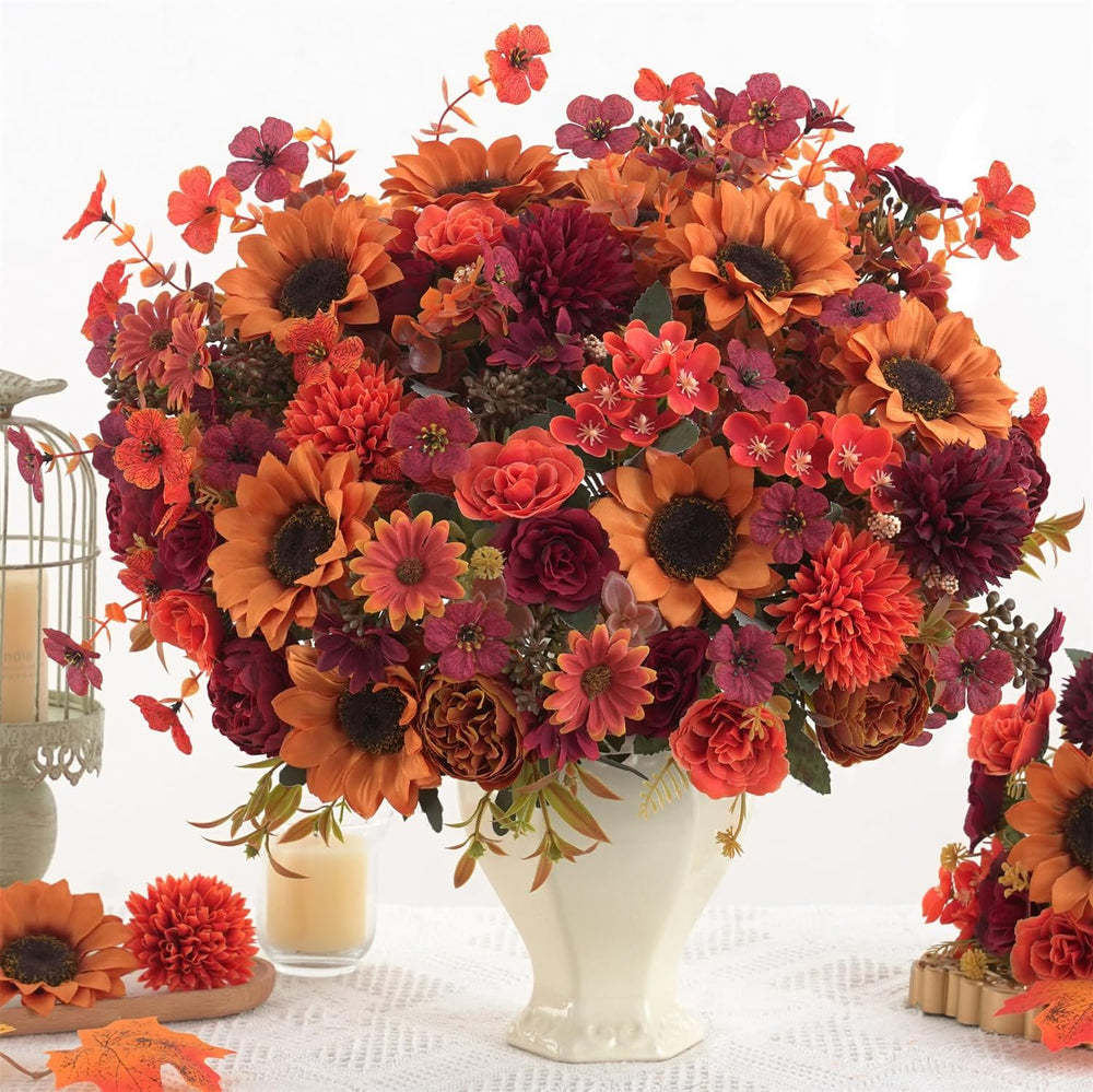 Mixed 10 Pcs Fall Artificial Sunflower Peony Bouquet, Burnt Orange Burgundy S...