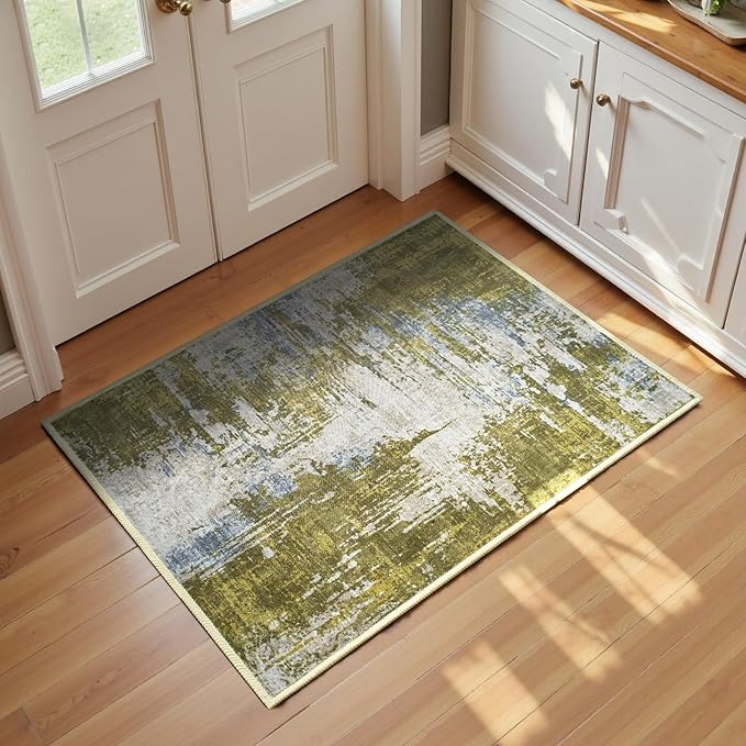 Entrance Rugs Indoor 2x3 Green Entry Rug Washable Abstract Small Area Rug by OmpaaHomeDecor