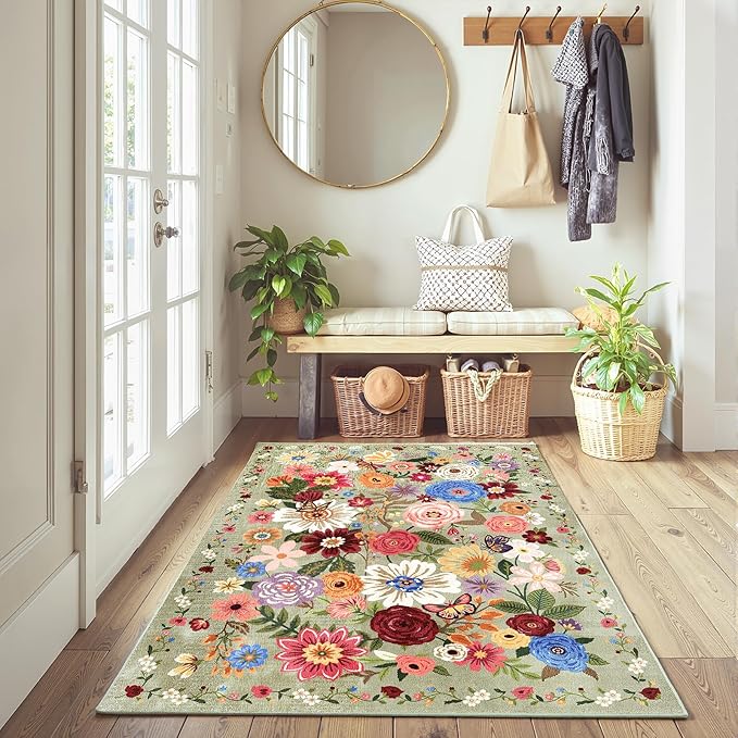 Floral Machine Washable Rug Green, 3x5 Rug Non Slip Soft Bedroom Rugs - Image 3