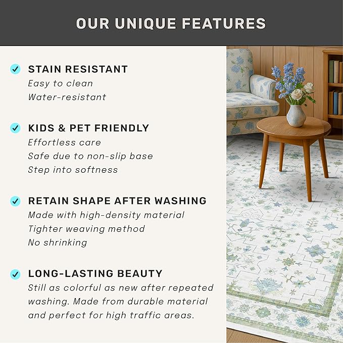 Cream Green and Blue 2x4 Boho Bathroom Rug - Image 7