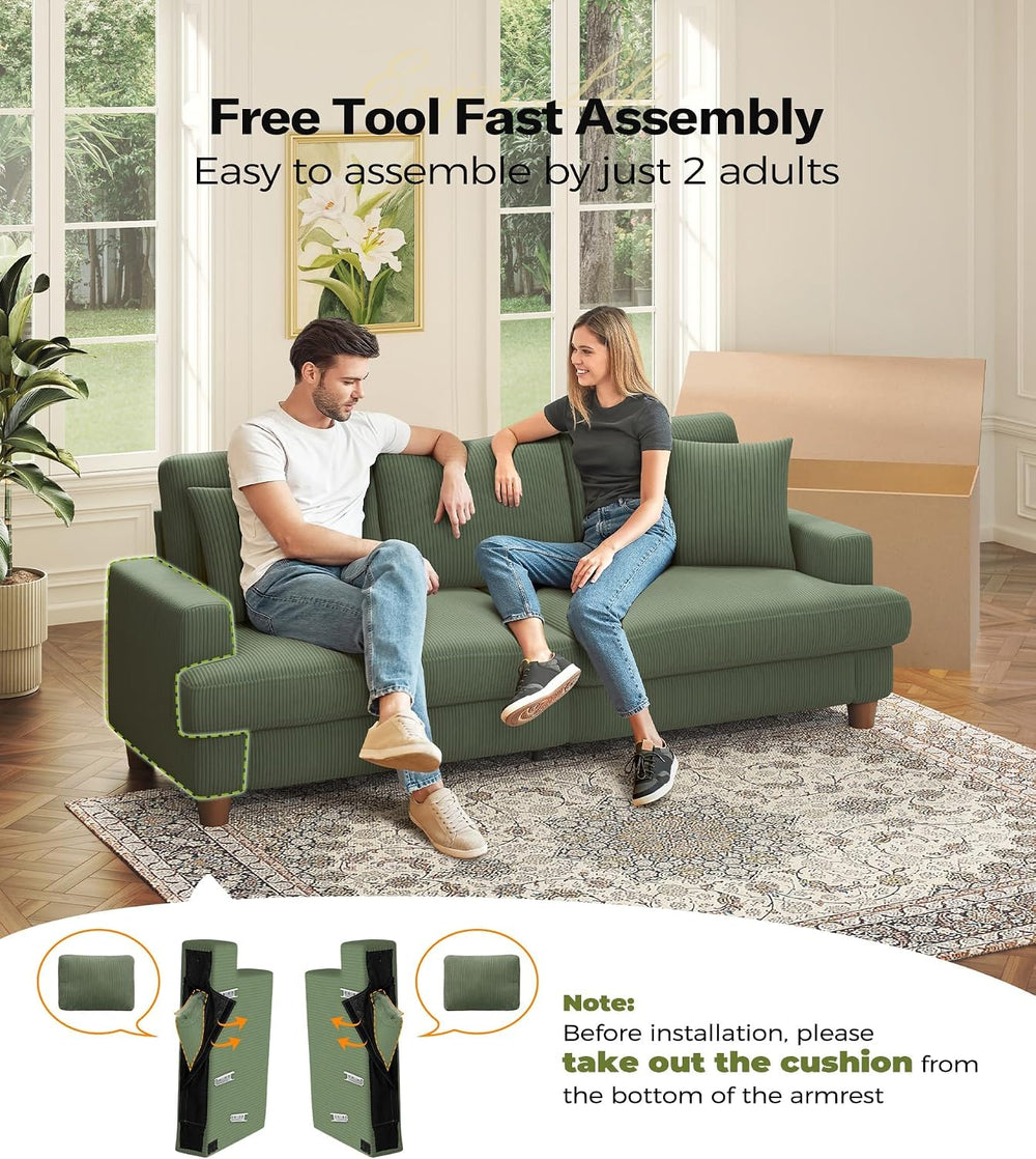 Kidirect 87in Corduroy Couch, 3 Seater Sofa, Sofas & Couches, Green Couch