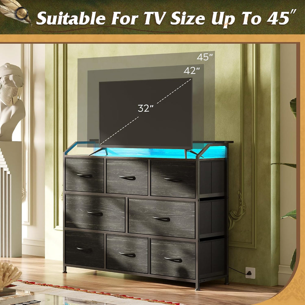 WLIVE Dresser for Bedroom, 8 Drawer LED Dresser, Black Wood Grain
