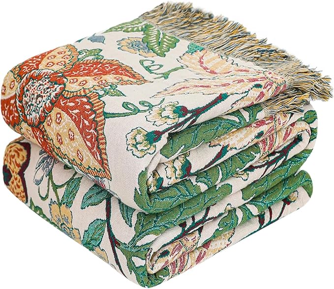 MSGKV Boho Throw Blanket for Bed Twin Size 100% Cotton Floral Blanket 60"x80" by MSGKVHomeTextiles