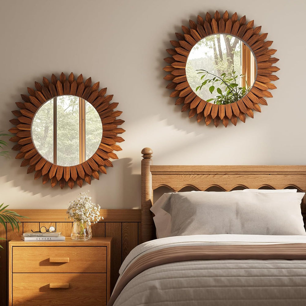 24" Walnut Round Sunburst Wooden Mirror Boho Rustic Wall Decor