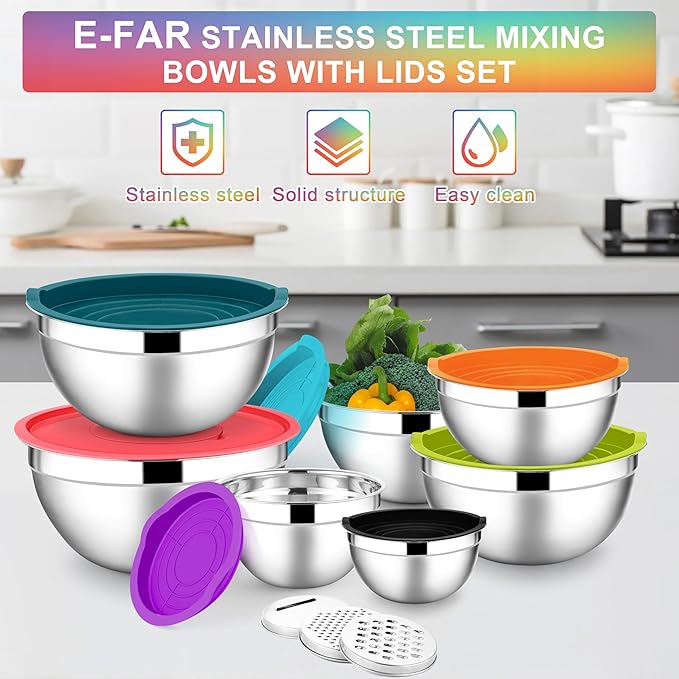 E-far Mixing Bowls with Lids Set, 7-Piece Stainless Steel Mixing Bowls with 3 - Image 7