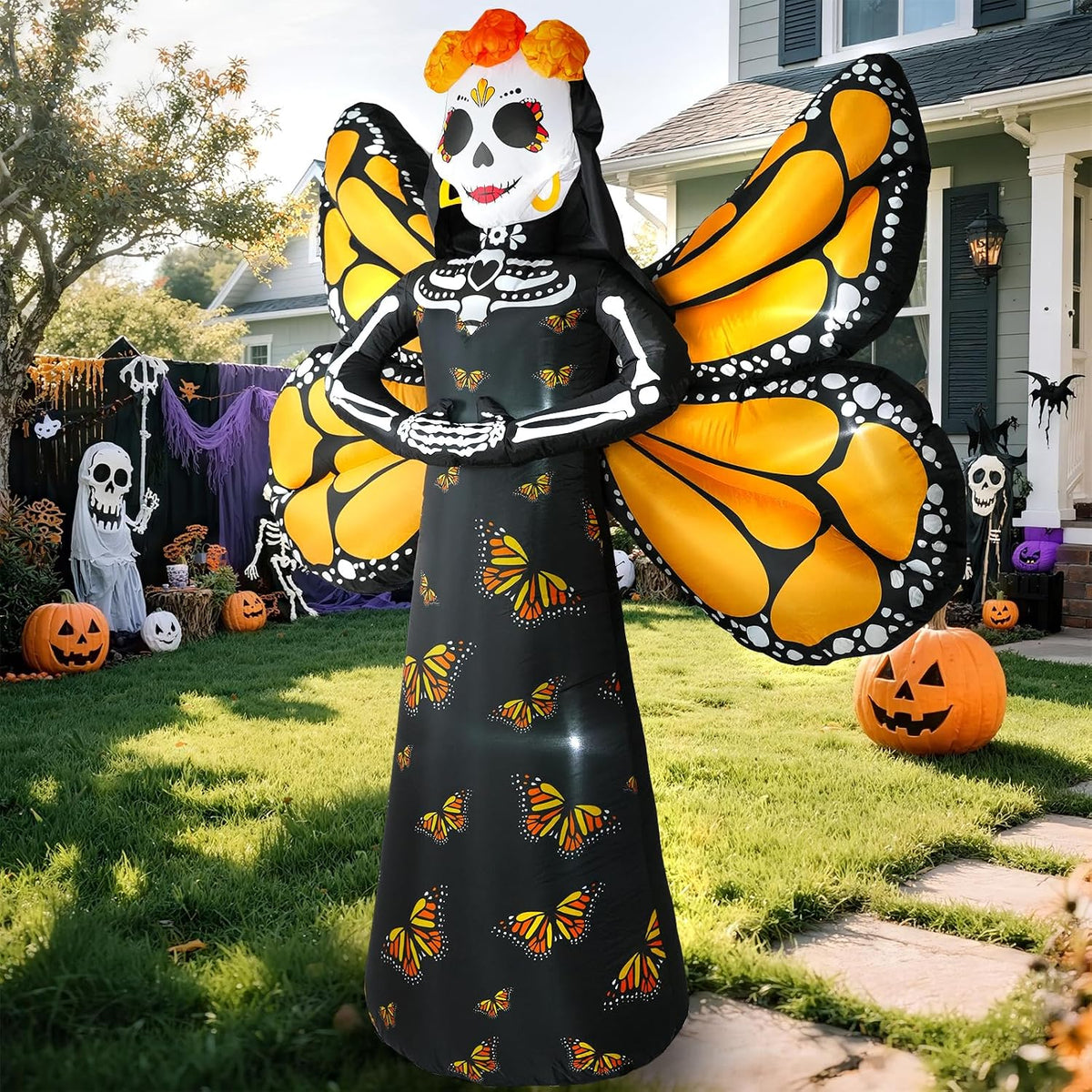 Dia de Los Muertos Decoration, 6 FT Halloween Inflatables Décor Day of The Dead Spooky Sugar Skull Butterfly Wings, Halloween Blow up Yard Decorations with Built-in LED for Altar Garden, Lawn