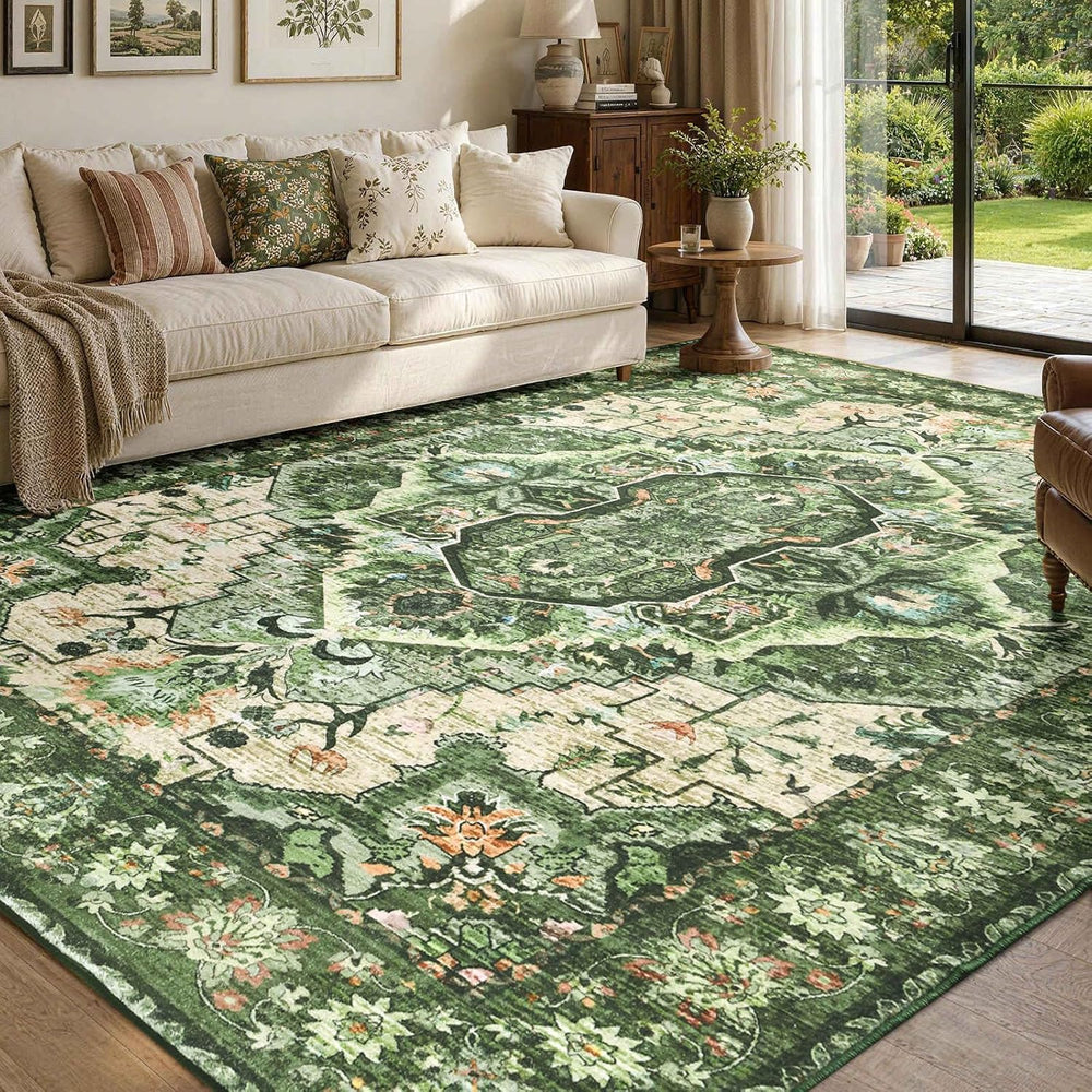 YOH 6x9 Ft Vintage Washable Area Rug for Living Dining Room (Green)