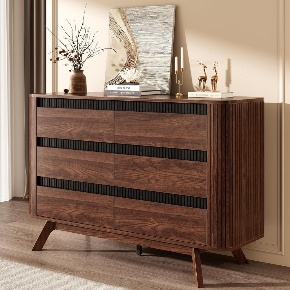 OURPIC Fluted 6 Drawer Dresser for Bedroom, 47W x 31H, Modern Walnut Brown