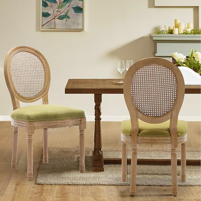 Rattan Back Upholstered Dining Chairs Set of 4 French Country Oval Kitchen Si...