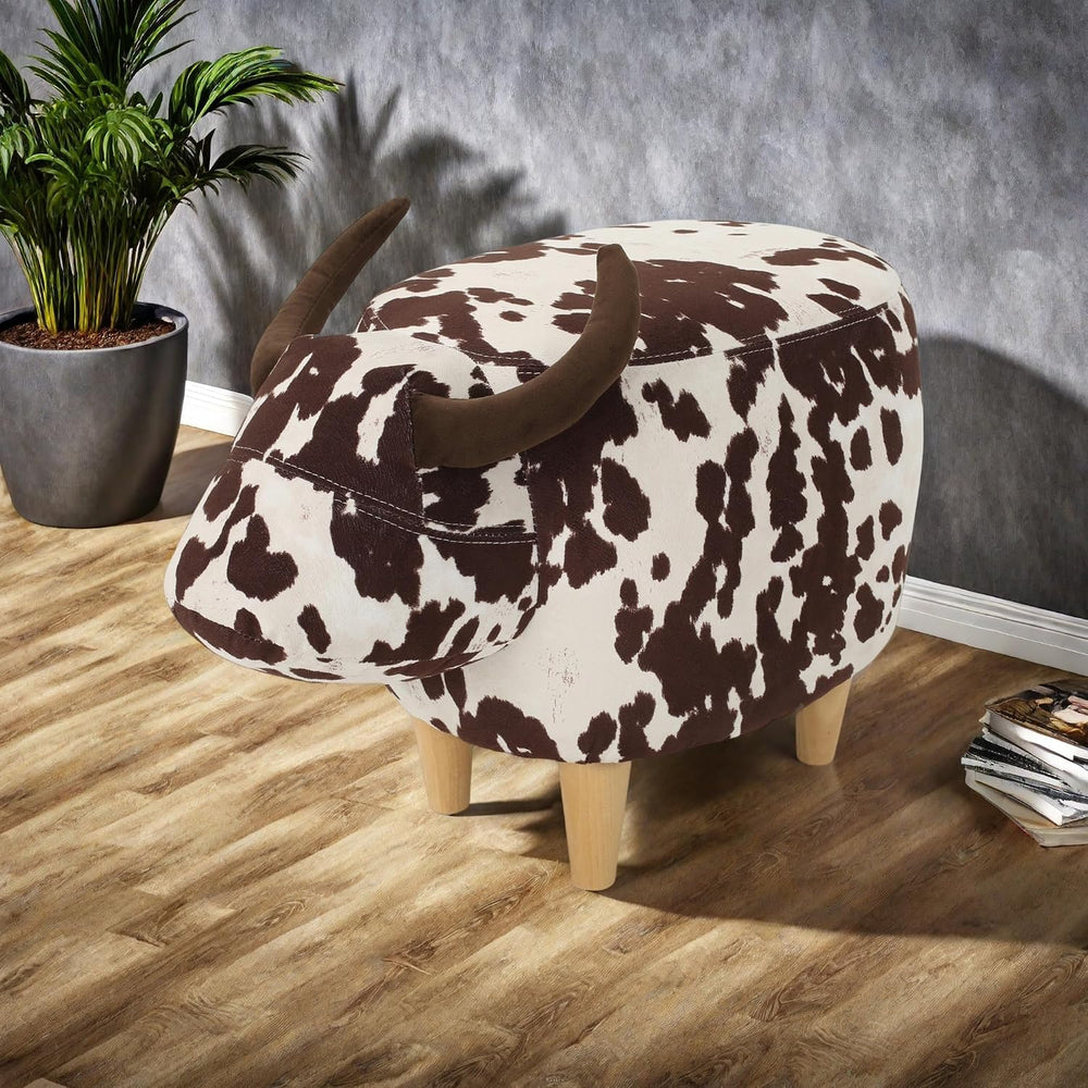 Modern Footstool, Cow-Shaped Ottoman with Birch Legs Cute Velvet Foot Rest fo...