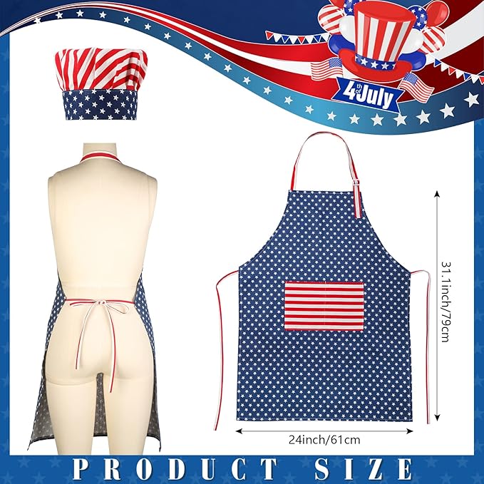 SATINIOR USA 4th of July Flag Kitchen Chef Hat Adjustable Apron 250th - Image 2