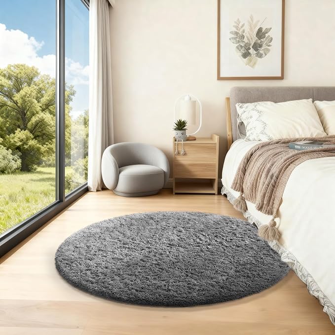 Ophanie Round Rug 3Ft Grey Circle Area Rugs, Fluffy Fuzzy Small Bedroom Carpet - Image 5