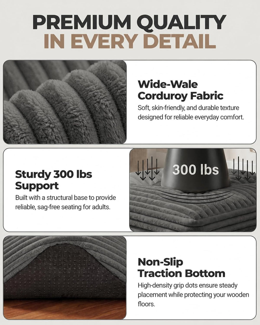 23.6in Pouf Ottoman, Corduroy Footstool Foot Rest Floor Seating