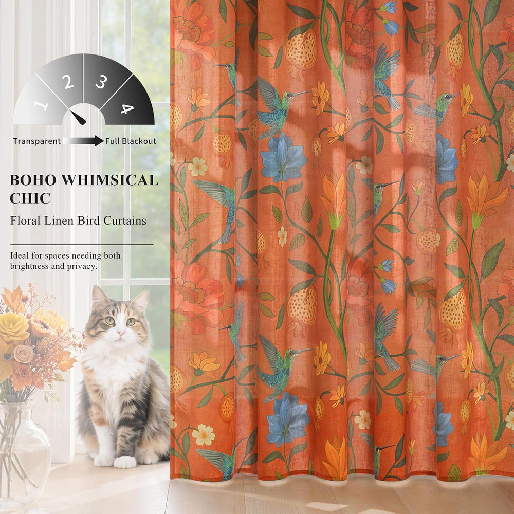 Terracotta Floral Linen Curtains, Boho Whimsical Bird Print Curtains for Bedr...