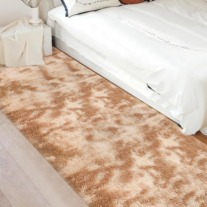Super Soft Fluffy Living Room Area Rugs 3x10 ft Tie-Dyed Beige Shaggy Furry - Image 3