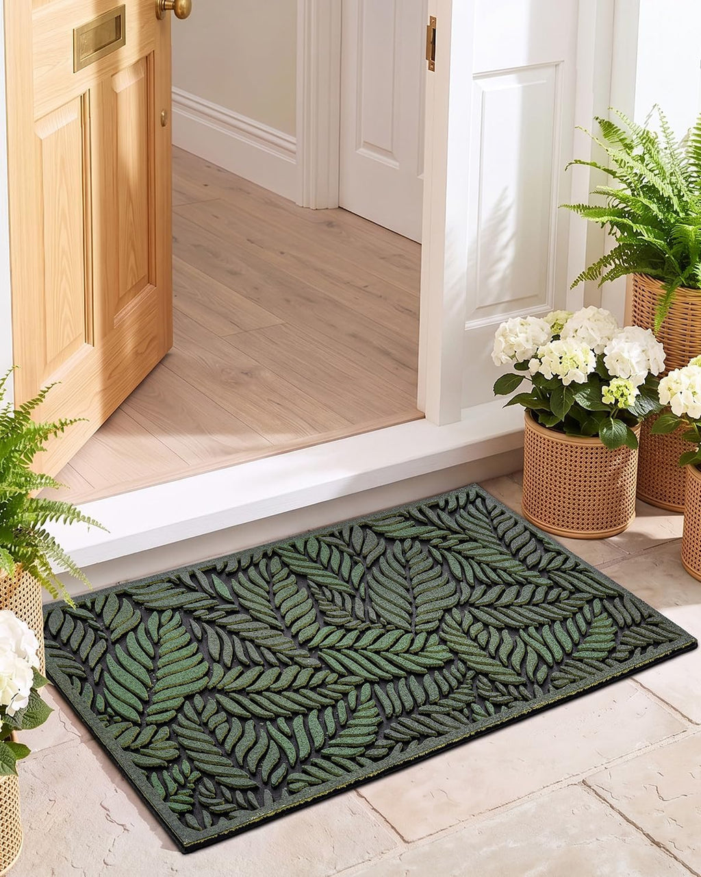 DEXI Front Door Mat Outside Entrance 17x30 Rubber Entry Doormat Green Leave | Heavy Duty Non Slip, Welcome Entryway Mats Dirt Trapping for Exterior Patio Garage, Leaves Design