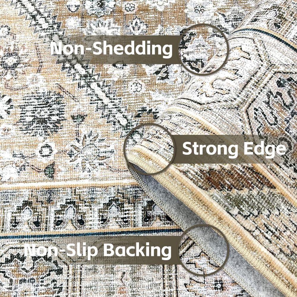 6x9 Beige Brown Washable Area Rug for Living Room, Vintage Print