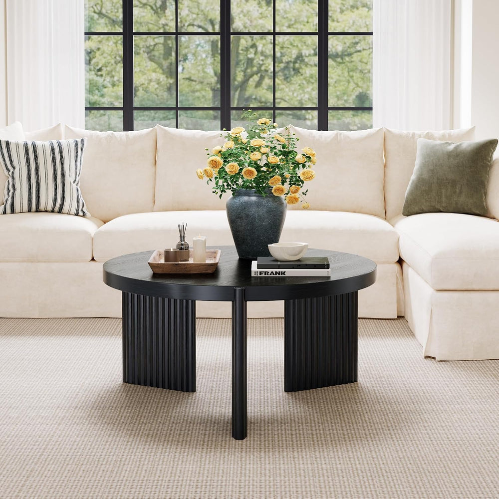 Luoxiao Round Coffee Table, 27.5" Fluted Coffee Tables for Living Room
