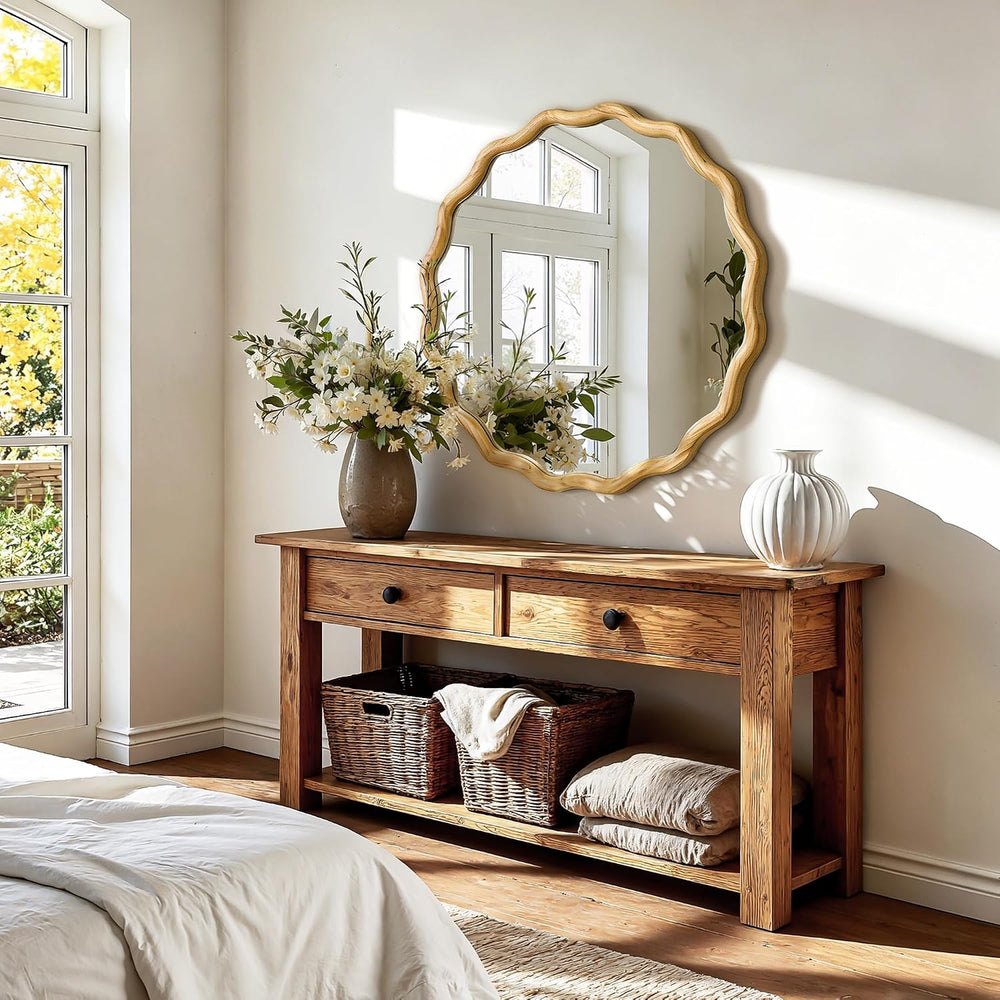 AMOISE Round Wavy Wall Mirror, 28" Circle Boho Scalloped Mirror