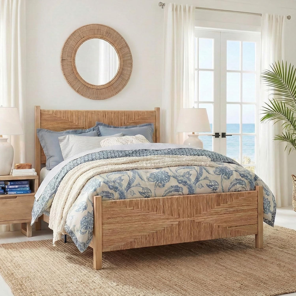 Brafab Queen Size Rattan Bed Frame, Boho Bed Frame with Hand Woven Wicker Hea...
