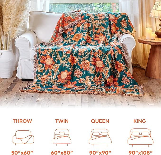 MSGKV Boho Throw Blanket for Bed Twin Size 100% Cotton Floral Bird Blanket - Image 7