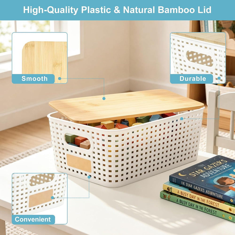 Small Plastic Storage Bins with Bamboo Lids 5.2qt Stackable Box Basket Pantry...