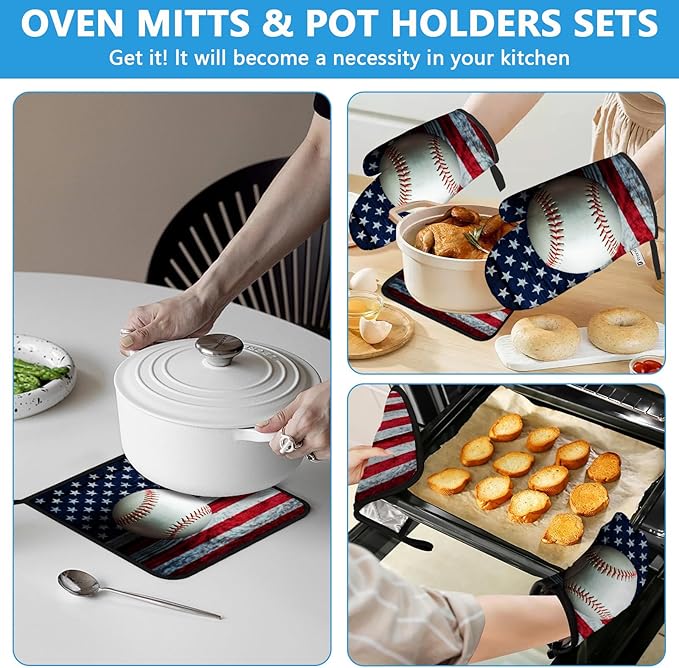 American Flag Baseball Oven Mitts and Pot Holders Sets Heat Resistant 4Pcs - Image 6