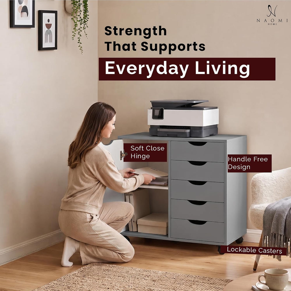 Naomi Home Amy 5-Drawer Rolling Drawer Dresser With Cabinet - Gray