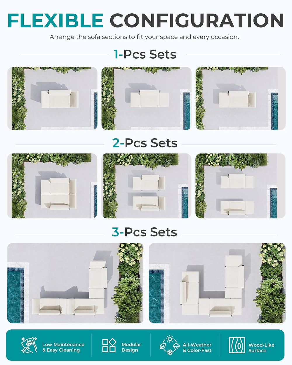 SERWALL HDPE 4-in-1 Convertible Outdoor Sofa with Adjustable Armrests, Couch ...