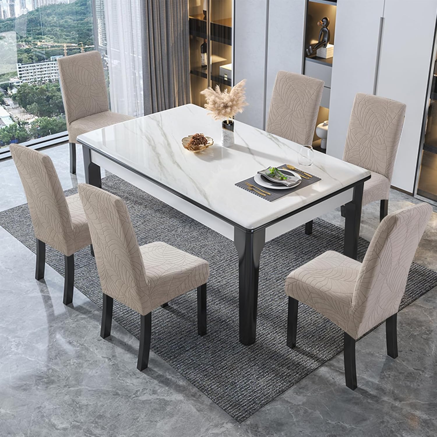 Waterproof Dining Chair Covers Set of 6 Parsons Chair Slipcovers | Double Waterproof Protection,Stretch Fit,Textured Jacquard Pattern,Machine Washable,Fits Large Parsons,Kitchen,Pet Friendly
