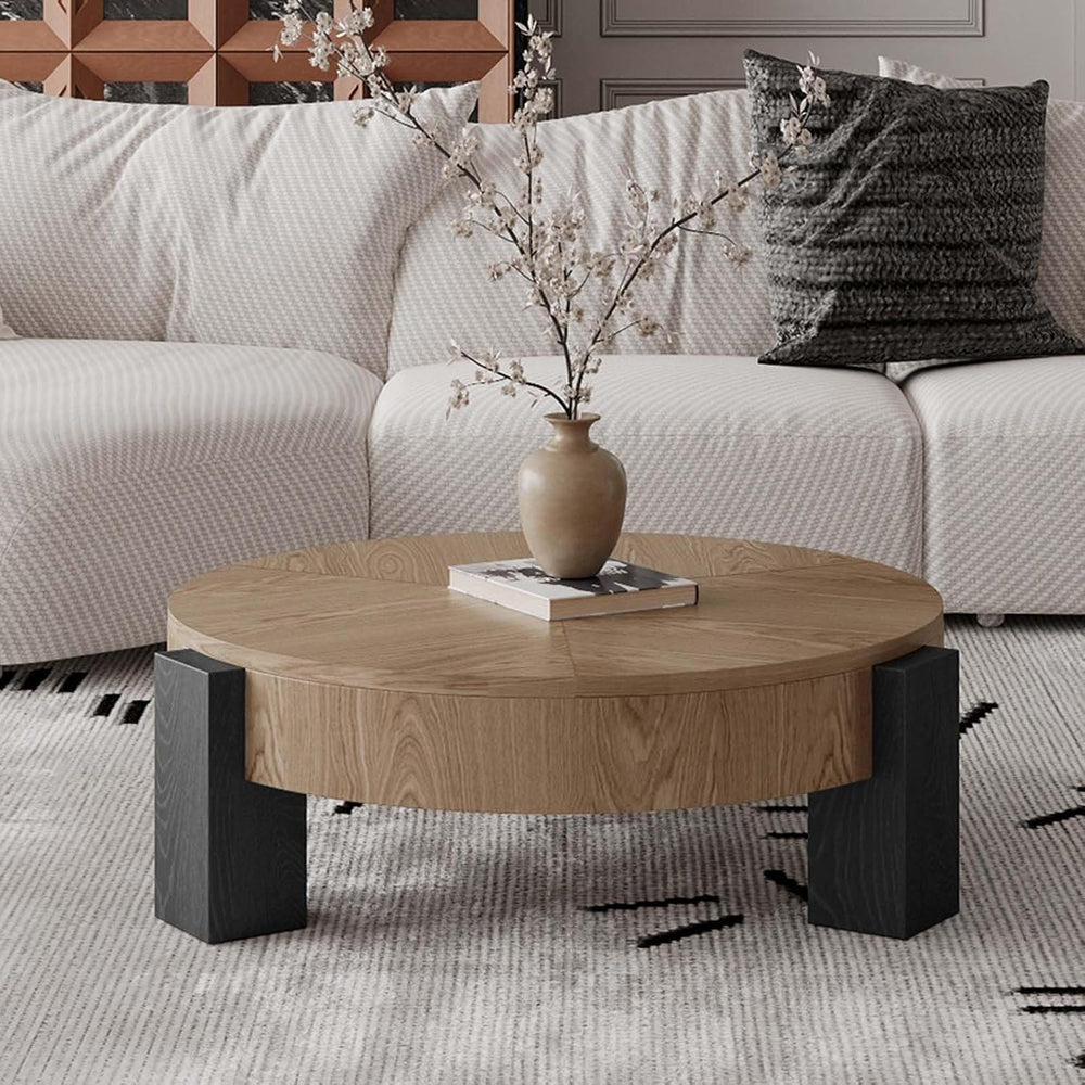 Round Coffee Table with Hidden Storage & 3 Block Legs