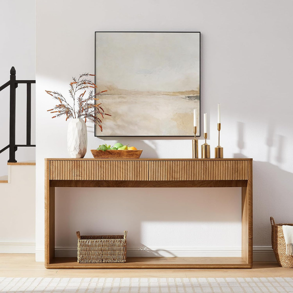 OKD 63" Fluted Console Table for Entryway with 2 Drawers, Light Knotty Oak | Modern Entryway Table, Long Sofa Table Behind Couch for Living Room, Hallway, Couch, Foyer, Versatile Storage