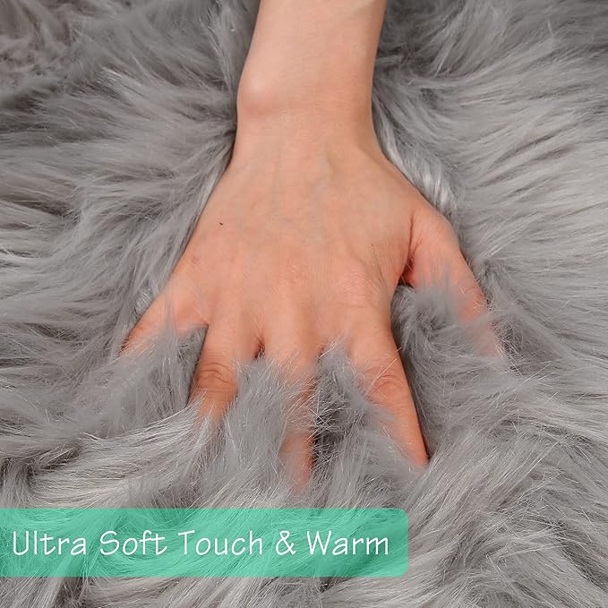 duduta Grey Faux Sheepskin Runner Rugs 2x6 ft, Fluffy Shag Bedroom Rug Decor - Image 3