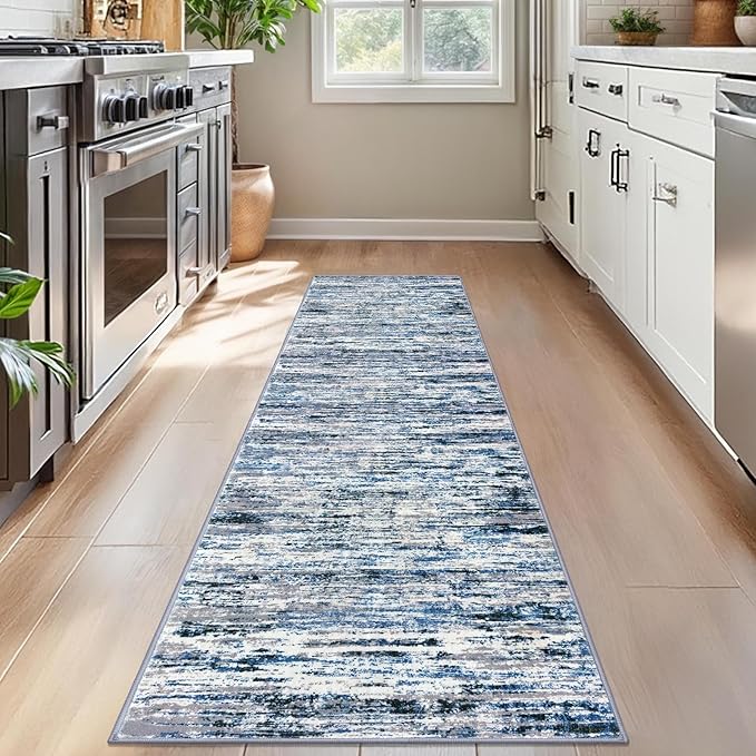 Lansny Modern Abstract Bedroom Runner Rug 2x7, Non-Slip Soft Thin Faux Wool Mat - Image 2