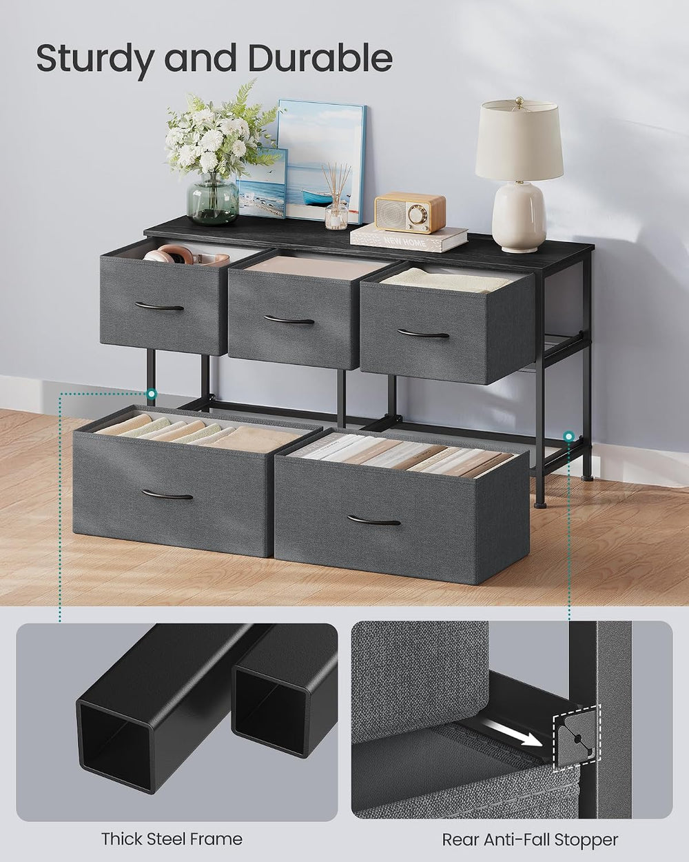 SONGMICS Dresser for Bedroom, Wide Dresser with 5 Fabric Drawers