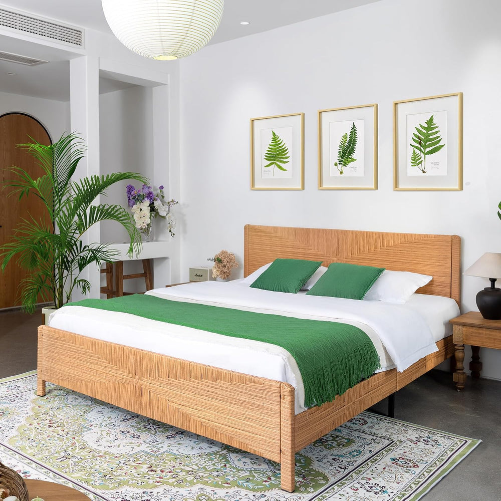 Hand-Woven PE Rattan King Bed Frame with Headboard and Footboard, Boho Mid Ce...